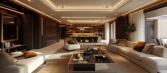 Poster - Modern ceiling lights enhance the luxurious and spacious living room interior.