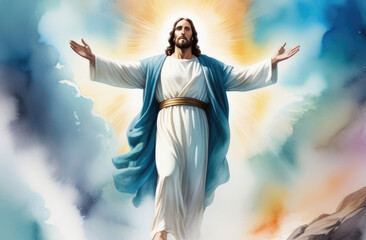 Christ is risen. Jesus in white dress in heaven