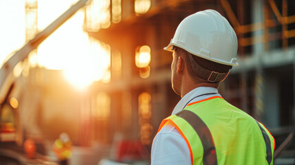 Wall Mural - Back view of a construction supervisor in a reflective vest and hard hat surveying the construction site at sunset.