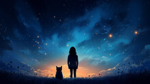 Girl and cat look at the starry sky