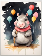 Wall Mural - children illustration, hippo with balloons, white background, poster for children's room, vibrant colors