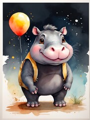 Wall Mural - children illustration, hippo with balloon, white background, poster for children's room, vibrant colors