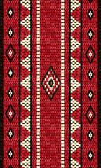 Wall Mural - A Vertical Traditional Arabian Sadu Weaving Pattern In Red Black And White Wool