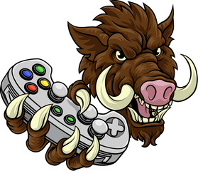 Wall Mural - A wild boar, hog razorback warthog pig gamer sports video game gaming mascot holding a games controller