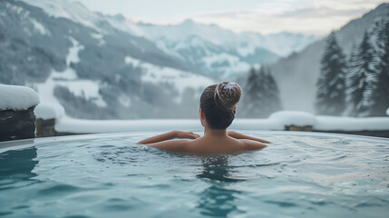 Wall Mural - Young woman resting in hot tub with view on mountains in winter
