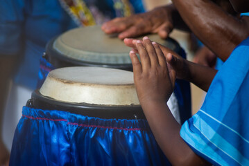 Poster - Hands playing atabaque. musical rhythm. African music.