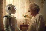 Fototapeta  - An elderly woman sits with her home and looks at a robotic au pair, interaction between the elderly and modern technology