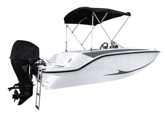 Side view white yacht with black outboard engine