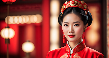 Attractive young Chinese woman wearing traditional red outfit for new year commemorations.