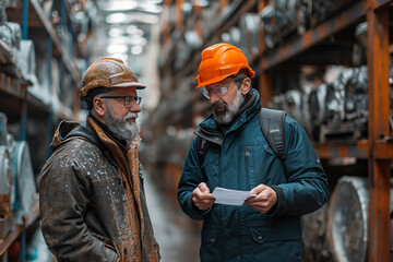 Poster - Two men with documents in a factory workshop with rolls of metal.