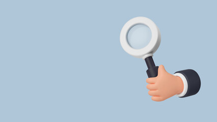 3d tiny businessman hand holding a magnifier. Search banner, business analysis, find job concept. Loupe render, detective glass tool. Vector illustration in cartoon and plastic style.