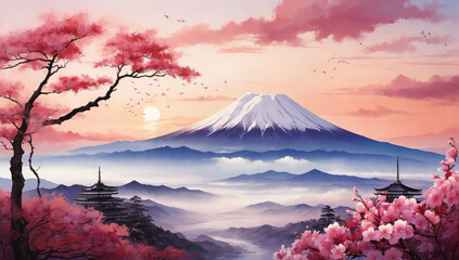 Watercolor traditional Japanese art with mountain Fuji, sakura trees and temples. AI generated