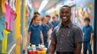 © _veiksme_ - Smiling Janitor in Colorful School Hallway.
