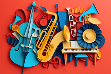 Jazz band musical instruments, world music day poster, abstract invitation