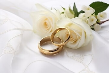 Wedding gold rings on white silk fabric with rose flowers