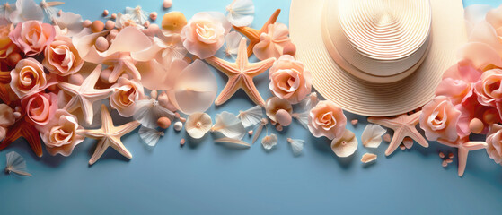 Banner in sea or ocean style with summer hat, starfish and sea sand, flat lay, pastel colors. Copy space.