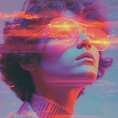 Canvas Print - Portrait of a woman with glasses in neon colors