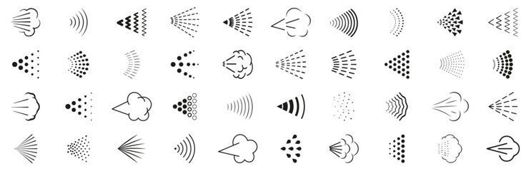 Spray or aerosol icon collection. Spray icons for water, perfume, paint. Cloud hairspray deodorant, fluid spray