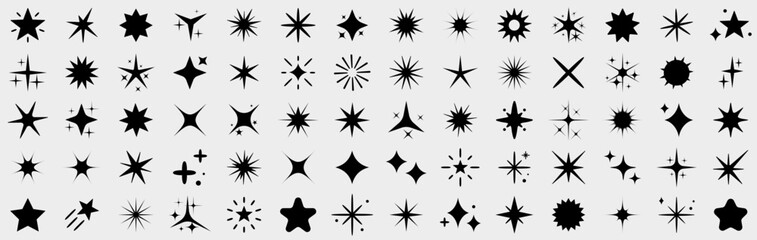 Poster - Sparkle shine star icons collection. Set of black stars icon. Stars sparkle icons for decoration design