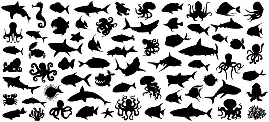 sea animals silhouette collection. fish, shark, octopus silhouette. set of black sea animal silhouet