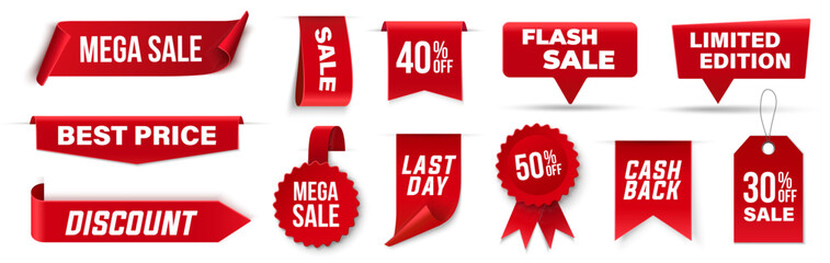 Promotion red labels and badges. Sale, discount, best price, cash back red label collection. Price discount promotion banner, special offer sticker