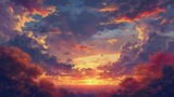 Fototapeta  - Autumn sky, Anime-style illustration of the autumn sky at dusk with thunderclouds 