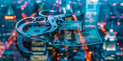 Canvas Print - Double exposure city and handcuffs on a background of US dollars.