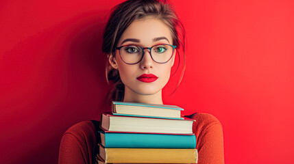 woman with glasses looking upwards, holding a set of books on a striking red background