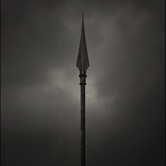 Antique spear against a background of gray sky with clouds