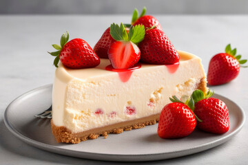 Wall Mural - Tasty cheesecake with strawberry on a Light grey stone background.