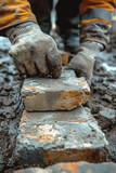 Fototapeta Uliczki - Construction worker laying bricks on a construction site, close-up. Home construction.