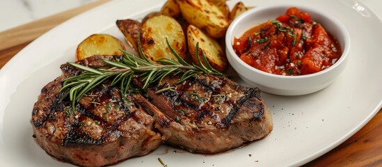 Sticker - Herb-infused rib eye steak, roasted potatoes, and zesty tomato garlic sauce