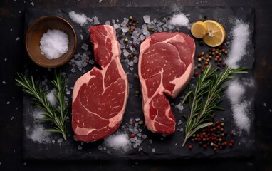 Two Steaks With Spices and Salt on Cutting Board