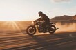 A guy on motorcycle attire riding a scrambler bike, driving on an open road, desert scene, sand dunes