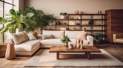 Stylish living room interior with beige sofa, wooden coffee table, plants, and elegant personal accessories. Cozy apartment.