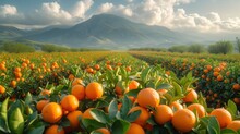 A Field Filled With Lots Of Oranges Under A Cloudy Sky With Mountains In The Backgroound And Clouds In The Sky.