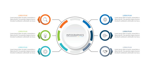 Modern infographic template. Creative circle element design with marketing icons. Business concept with 6 options, steps, sections.