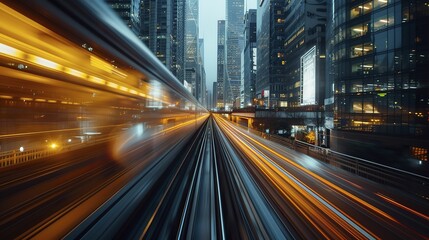 Canvas Print - urban city in the morning, a fast moving city in the city at night, with long exposure, in the style of light sky-blue and light amber 