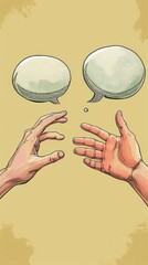 Illustration in flat watercolor style depicts speech bubbles positioned between two human hands against a khaki background, symbolizing communication.