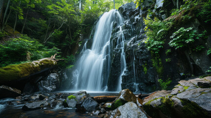 Hydropower Harmony is a majestic waterfall cascading down a mossy cliff face, daylight, powering a nearby hydroelectric dam. Capture the interplay of water and technology