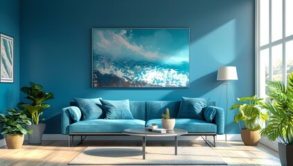 Poster - Modern living room interior with blue sofa and sunlight. contemporary decor and design. perfect for real estate ads. relaxing home environment. AI