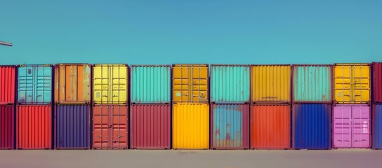 Colorful stack of shipping containers under clear blue sky. industrial cargo containers for storage or transport. modern commercial logistics theme. AI