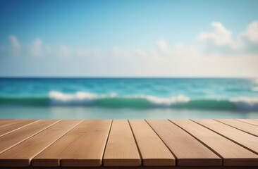 Empty wooden table, bar pier with tropical sunny beach background. Copy space for your promo, text or logo brand. Wood desk board on nature blue sky sea view. Blank tabletop on blur summer ocean scene