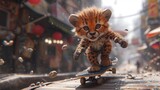 Fototapeta  - a small cheetah cub on a skateboard in the middle of a street with bubbles in the air.