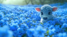 A Close Up Of A Baby Cow Laying In A Field Of Blue Flowers With A Blurry Sky In The Background.