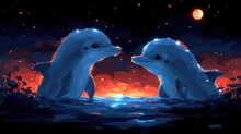A Couple Of Polar Bears Standing Next To Each Other On A Body Of Water At Night With A Full Moon In The Background.