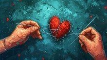 A Contemporary Art Illustration Depicts Hands Delicately Sewing A Broken Heart Back Together With A Needle And Thread, Symbolizing Healing, Repair, And Resilience In Relationships.