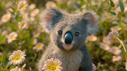 Wall Mural - a stuffed koala sitting in the middle of a field of daisies with a surprised look on its face.