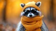 a raccoon wearing a yellow scarf and a knitted hat with a scarf around it's neck.