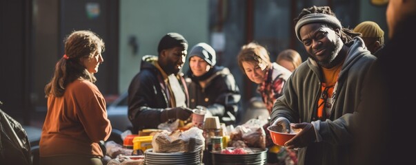 Wall Mural - Volunteers distribute food to homeless individuals at a community center, illustrating compassionate support and aid for those in need.